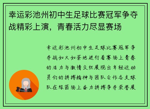 幸运彩池州初中生足球比赛冠军争夺战精彩上演，青春活力尽显赛场